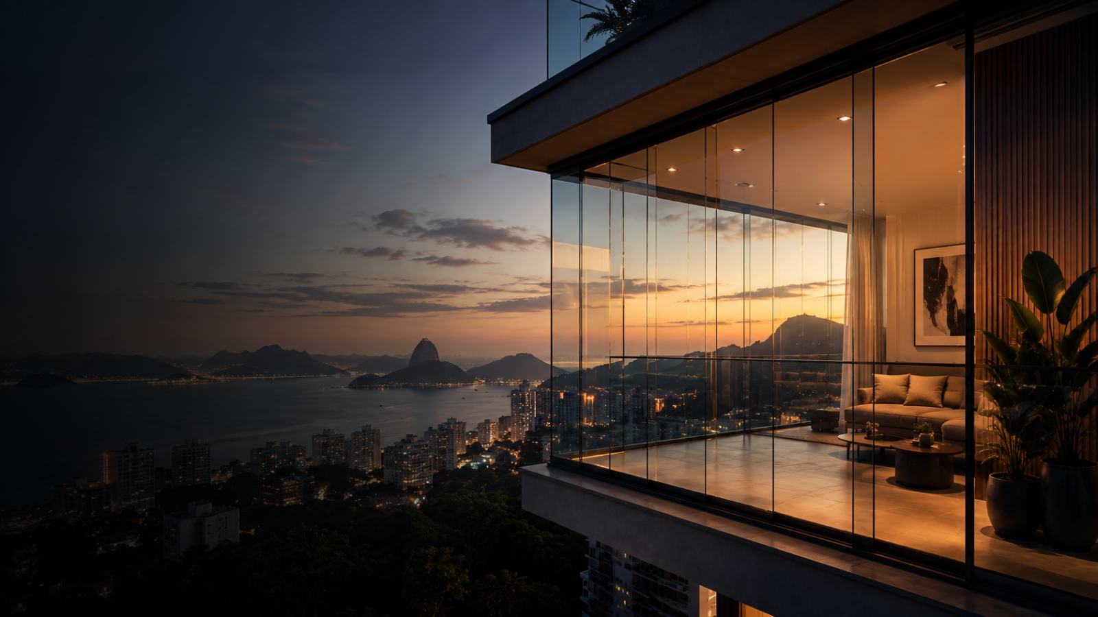 Sacada envidraçada ao entardecer com vista para o Rio de Janeiro